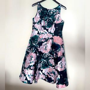 Adrianna Papell Tea Length Jacquard Dress Pink Green Multi Floral Print 12